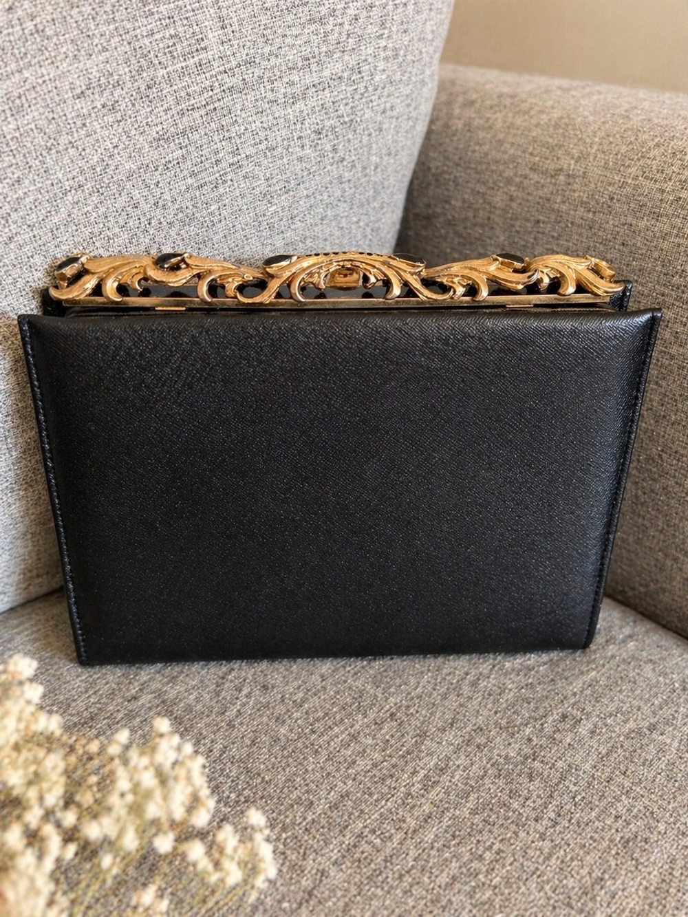 Vintage Caprice Black Clutch Gold Filigree Frame Evening Bag Mid Century